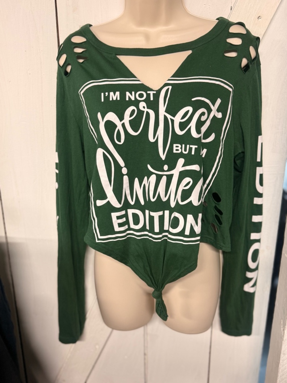 On Fire Green Graphic Long Sleeve Tee with White Print. Ties at bottom front.